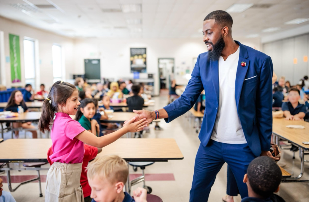 A man in a blue suit smiles and gives a high-five to a young girl wearing a pink shirt in a school cafeteria filled with students. The interaction captures a positive, encouraging moment between mentor and student in an educational setting.
