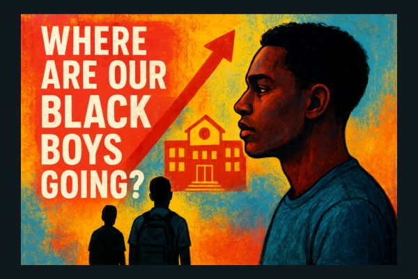 Illustration showing a young Black boy in profile looking forward with a thoughtful expression. Behind him are silhouettes of two younger boys with backpacks walking toward a stylized school building. Above them, bold white text on a red background reads “WHERE ARE OUR BLACK BOYS GOING?” with a large red arrow pointing upward, symbolizing direction or aspiration. The background features a textured blend of warm orange, yellow, and blue tones, creating a vivid, emotional atmosphere.