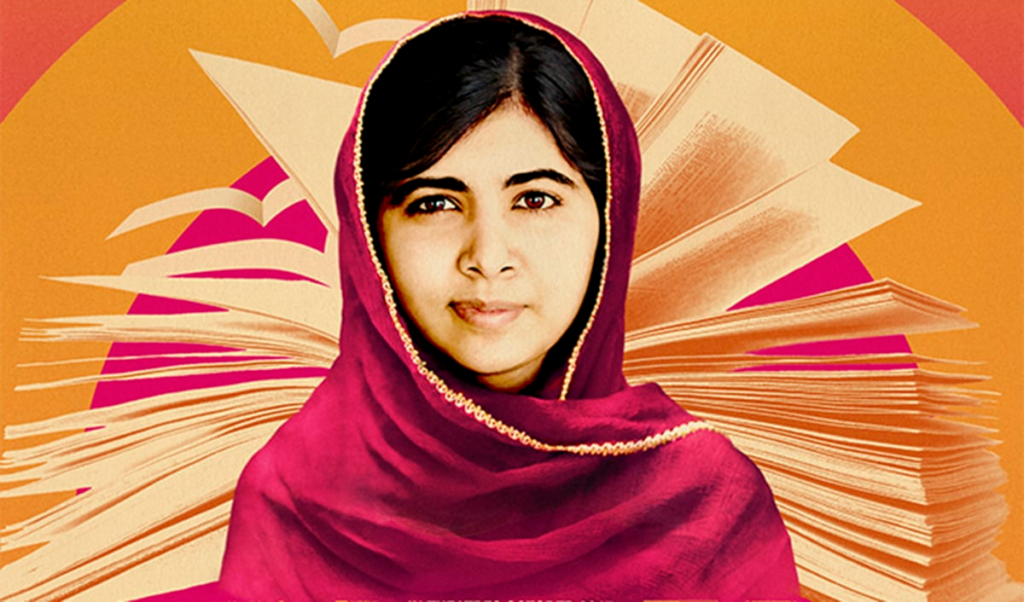 A stylized portrait of a woman wearing a deep magenta headscarf with gold trim, set against a bold background of orange and red hues with illustrated pages radiating outward like rays, symbolizing knowledge and empowerment.