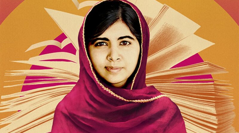 A stylized portrait of a woman wearing a deep magenta headscarf with gold trim, set against a bold background of orange and red hues with illustrated pages radiating outward like rays, symbolizing knowledge and empowerment.