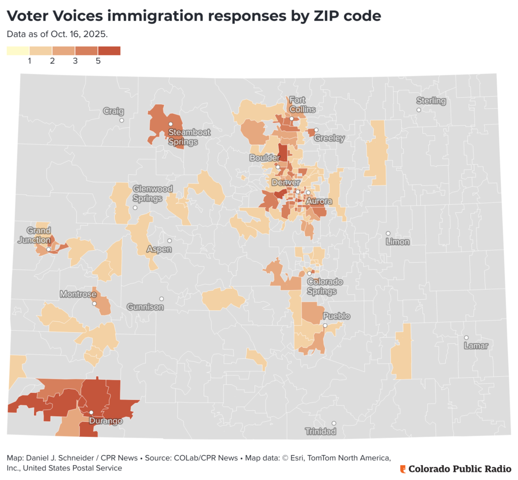 A color-shaded map of Colorado showing Voter Voices immigration responses by ZIP code as of October 16, 2025. Areas with higher response counts appear in darker red, concentrated around Denver, Aurora, Boulder, Colorado Springs, and Durango. A legend and city labels are included.