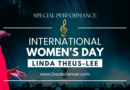 Wide promotional banner for an International Women’s Day special performance featuring singer Linda Theus-Lee. The image shows Theus-Lee on stage in a red dress, singing passionately into a microphone with one hand extended. A dark concert background with stage lights and a cheering crowd silhouettes the lower portion of the image. Overlaid text reads “Special Performance,” “International Women’s Day,” and “Linda Theus-Lee,” along with the website DazzleDenver.com.