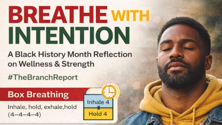 Close-up version of the “Breathe With Intention” poster highlighting the title, Black History Month reflection text, and box breathing instructions, with a Black man calmly breathing with eyes closed.