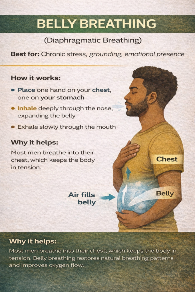 Illustrated infographic titled “Belly Breathing (Diaphragmatic Breathing)” demonstrating how to place one hand on the chest and one on the stomach while breathing deeply, with arrows showing air filling the belly to reduce chronic stress and tension.