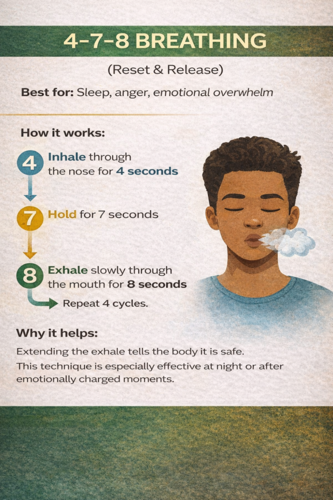 Illustrated infographic titled “4-7-8 Breathing” showing a person exhaling slowly, with step-by-step instructions to inhale for 4 seconds, hold for 7 seconds, and exhale for 8 seconds to support sleep and emotional regulation.