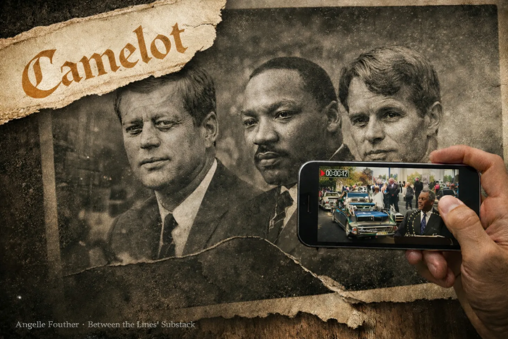 A distressed, sepia-toned collage featuring three well-known historical political and civil rights figures from the 1960s arranged side by side beneath the torn word “Camelot.” In the foreground, a hand holds a smartphone recording a modern-day parade or motorcade, visually contrasting past and present against a cracked, aged background.
