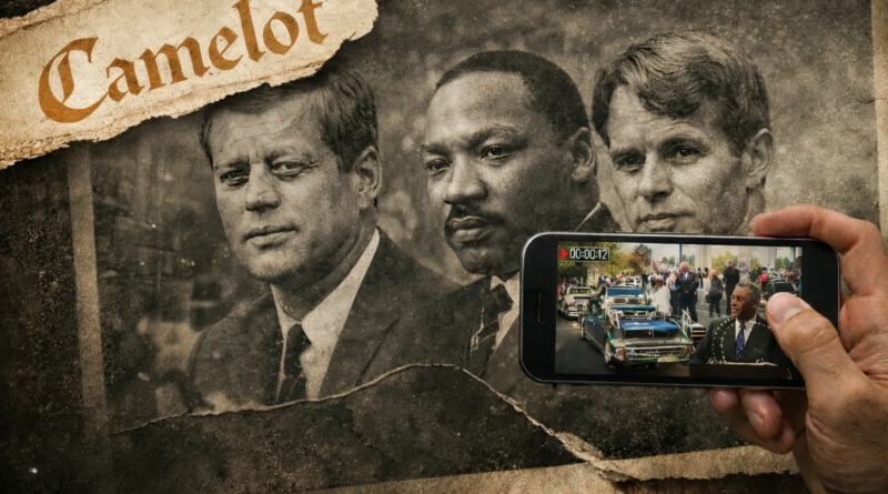 A distressed, sepia-toned collage featuring three well-known historical political and civil rights figures from the 1960s arranged side by side beneath the torn word “Camelot.” In the foreground, a hand holds a smartphone recording a modern-day parade or motorcade, visually contrasting past and present against a cracked, aged background.