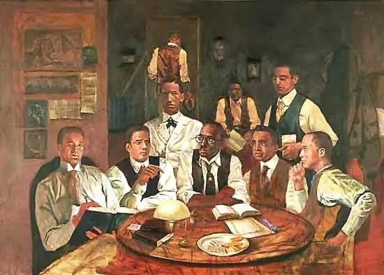 Historic-style painting depicting seven young Black men gathered around a wooden table in an early 20th-century study setting, dressed in formal attire, engaged in discussion with books and papers spread before them — representing the founding members of Alpha Phi Alpha Fraternity, Inc.
