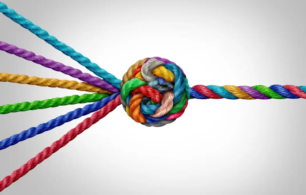 Close-up of multiple brightly colored braided ropes—red, blue, green, purple, yellow, and teal—converging from opposite sides and tied together in a tight central knot against a light gray background.