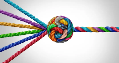 Close-up of multiple brightly colored braided ropes—red, blue, green, purple, yellow, and teal—converging from opposite sides and tied together in a tight central knot against a light gray background.