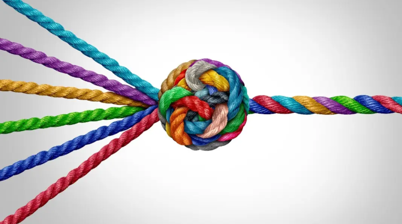 Close-up of multiple brightly colored braided ropes—red, blue, green, purple, yellow, and teal—converging from opposite sides and tied together in a tight central knot against a light gray background.
