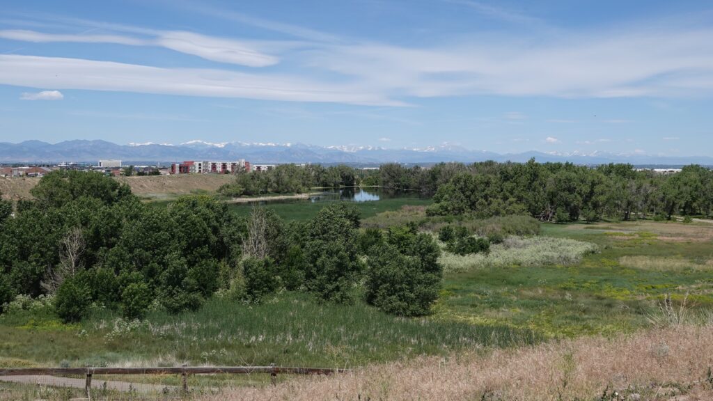 A panoramic view of Bluff Lake Nature Center’s wetlands and prairie habitat, with the Denver skyline and snow-capped Rocky Mountains visible in the distance beyond the 123-acre urban wildlife refuge.