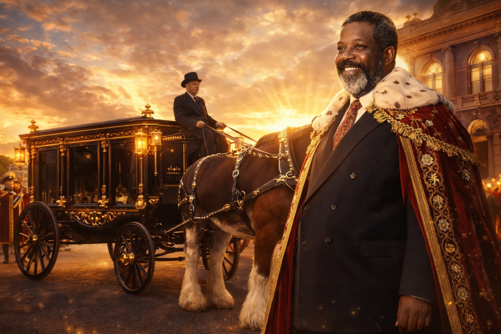 AI-generated image depicting Dr. Daddio standing regally in the foreground wearing an ornate red velvet cloak trimmed in gold embroidery and fur, bathed in warm sunset light. Behind him, a polished black horse-drawn hearse adorned with gold detailing is led by a Clydesdale horse, while uniformed trumpeters and a grand architectural backdrop enhance the royal, ceremonial atmosphere. Golden rays and glowing accents create a majestic, tribute-style composition.