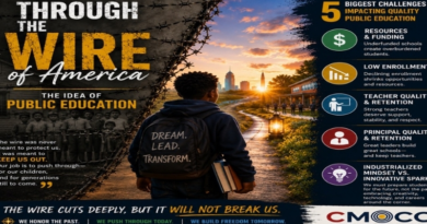 Graphic about public education featuring a young Black student walking toward a school and city skyline at sunrise, with messaging about overcoming barriers in education and a sidebar highlighting five major challenges facing public schools.