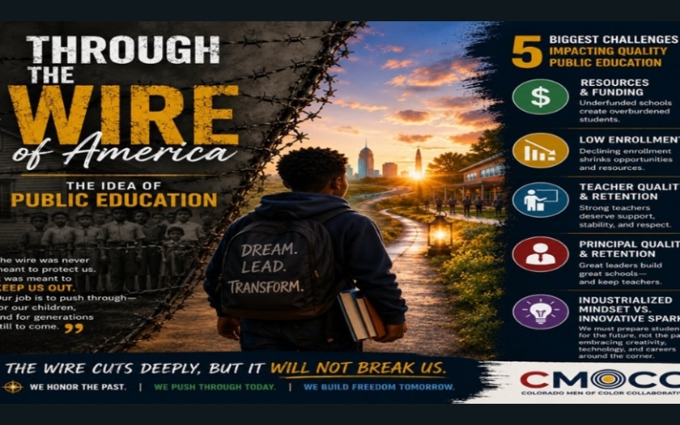 Graphic about public education featuring a young Black student walking toward a school and city skyline at sunrise, with messaging about overcoming barriers in education and a sidebar highlighting five major challenges facing public schools.