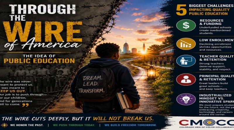 Graphic about public education featuring a young Black student walking toward a school and city skyline at sunrise, with messaging about overcoming barriers in education and a sidebar highlighting five major challenges facing public schools.