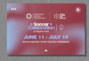 Promotional graphic for the Soccer Celebration at Skyline Park, presented by the Colorado Rapids, Street Soccer USA Denver, and the Downtown Denver Partnership, running June 11 through July 19 with watch parties, food trucks, and giveaways.
