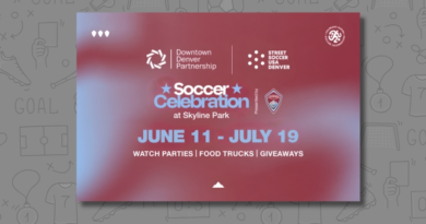 Promotional graphic for the Soccer Celebration at Skyline Park, presented by the Colorado Rapids, Street Soccer USA Denver, and the Downtown Denver Partnership, running June 11 through July 19 with watch parties, food trucks, and giveaways.
