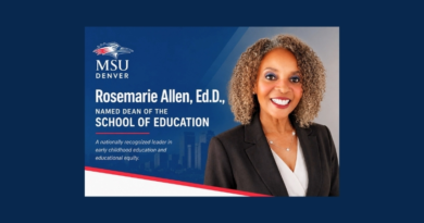 Portrait of Rosemarie Allen, Ed.D., alongside an MSU Denver graphic announcing her appointment as dean of the School of Education.