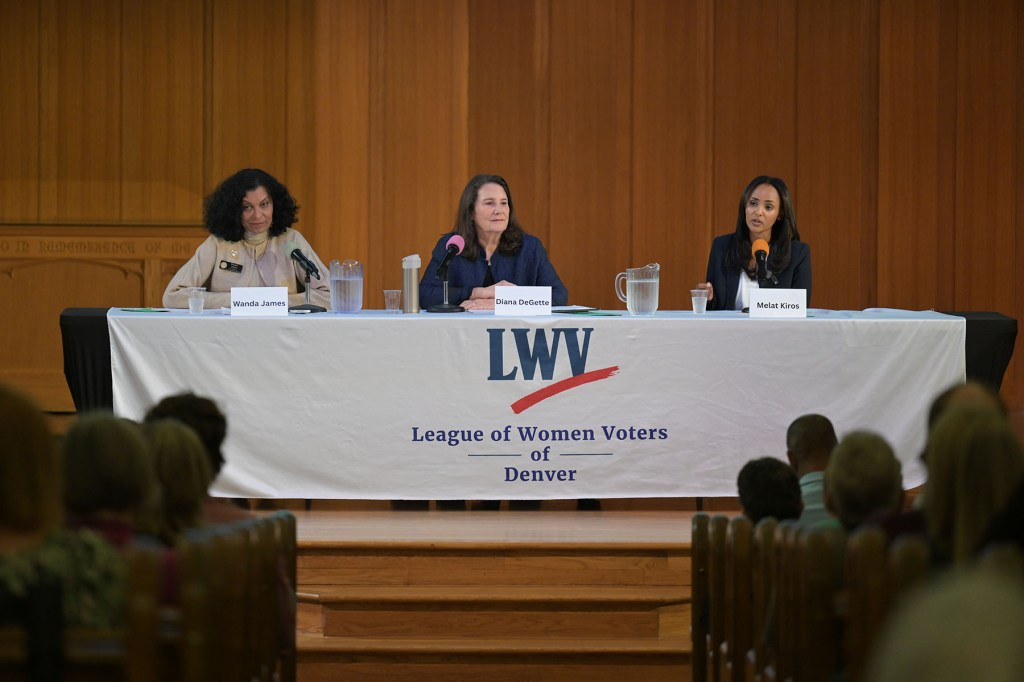 Candidates Wanda James, U.S. Rep. Diana DeGette and Melat Kiros participate in a League of Women Voters of Denver forum for Colorado's 1st Congressional District race.