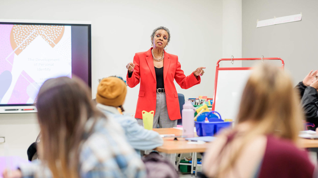 Rosemarie Allen, Ed.D., professor of Early Childhood Education and incoming dean of MSU Denver's School of Education, leads a classroom discussion with students during a presentation.