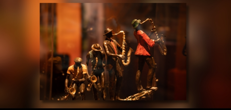 Bronze sculptures of jazz musicians by artist Ed Dwight displayed in the "Ed Dwight: Casting a Legacy" exhibition at History Colorado Center.
