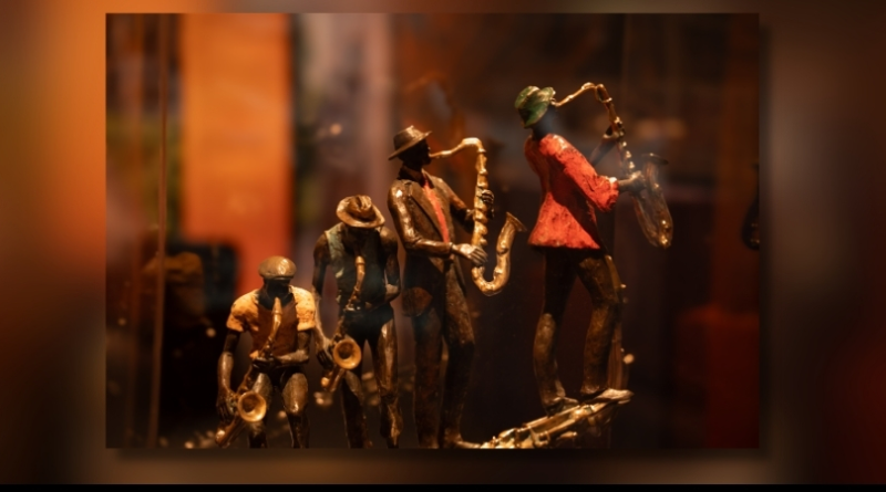 Bronze sculptures of jazz musicians by artist Ed Dwight displayed in the "Ed Dwight: Casting a Legacy" exhibition at History Colorado Center.