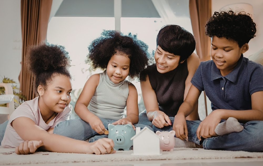 A parent and three children sit together at home with piggy banks and a small model house, illustrating family saving and wealth-building.