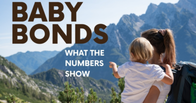 A parent holding a young child against a Colorado mountain landscape, overlaid with the words “Baby Bonds: What the Numbers Show.”