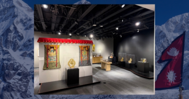 Interior view of the Heritage in Motion exhibition at the Museum of Boulder, layered over a Himalayan mountain landscape with the Nepalese flag in the foreground.