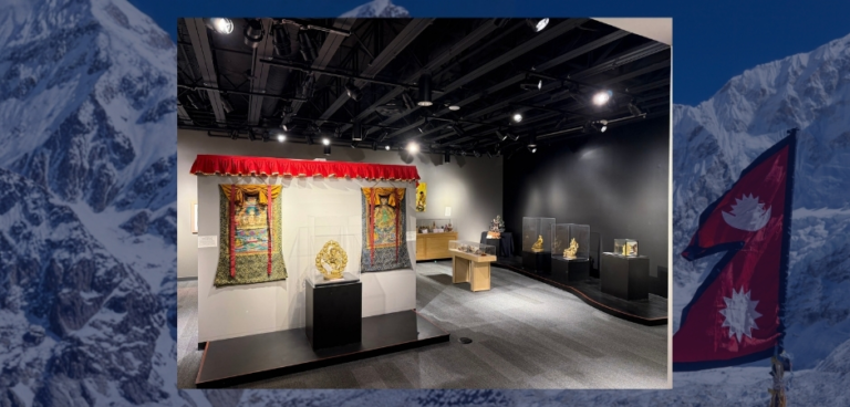Interior view of the Heritage in Motion exhibition at the Museum of Boulder, layered over a Himalayan mountain landscape with the Nepalese flag in the foreground.