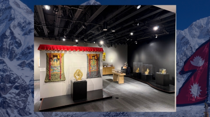 Interior view of the Heritage in Motion exhibition at the Museum of Boulder, layered over a Himalayan mountain landscape with the Nepalese flag in the foreground.
