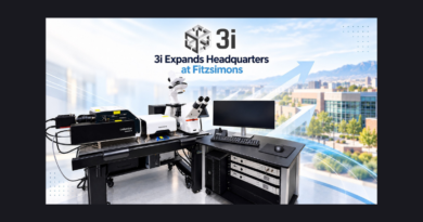 Featured graphic announcing 3i’s headquarters expansion at Fitzsimons, showing an advanced microscopy system and computer workstation with a blurred research campus and mountain backdrop.