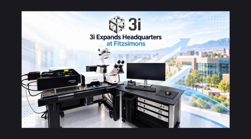 Featured graphic announcing 3i’s headquarters expansion at Fitzsimons, showing an advanced microscopy system and computer workstation with a blurred research campus and mountain backdrop.