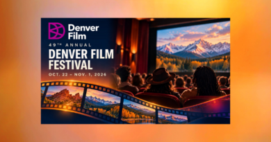 Promotional graphic for the 49th Denver Film Festival, Oct. 22 through Nov. 1, 2026, featuring the Denver Film logo, a movie theater audience, Colorado mountain scenery and a colorful filmstrip.