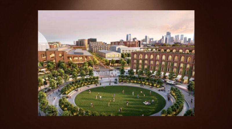 Architectural rendering of a proposed mixed-use development near Denver’s Burnham Yard, featuring a landscaped public park, pedestrian walkways, residential buildings and the downtown Denver skyline.