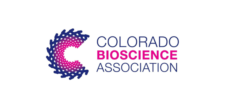 Colorado BioScience Association logo featuring a circular woven design in navy blue and magenta beside the organization's name in matching colors on a white background.