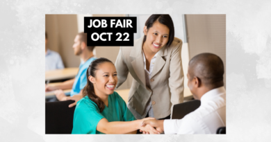 Job fair graphic featuring three diverse professionals at a recruitment meeting. A smiling woman in a teal blouse shakes hands with a man across a table while another woman in a beige blazer looks on. Text reads “Job Fair Oct 22.”