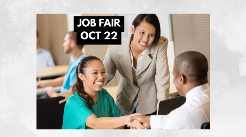 Job fair graphic featuring three diverse professionals at a recruitment meeting. A smiling woman in a teal blouse shakes hands with a man across a table while another woman in a beige blazer looks on. Text reads “Job Fair Oct 22.”