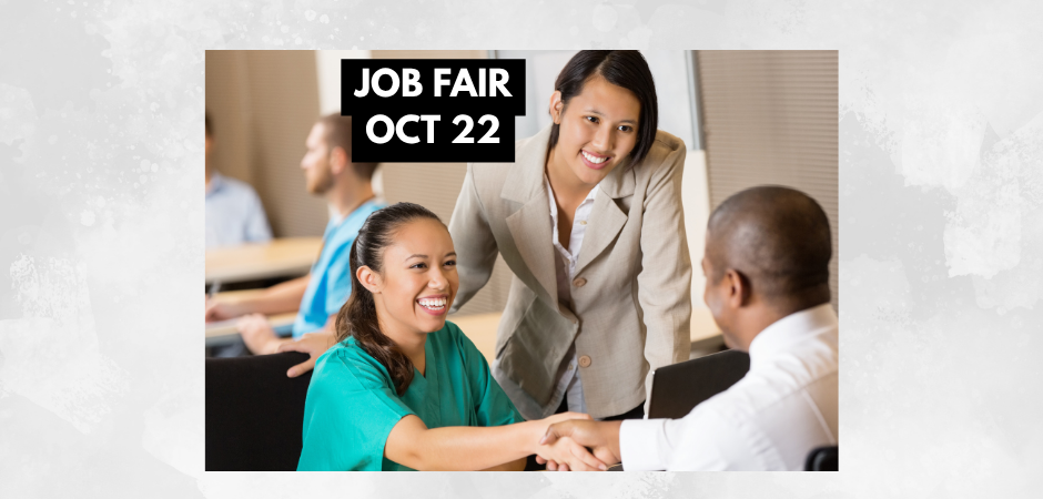 Job fair graphic featuring three diverse professionals at a recruitment meeting. A smiling woman in a teal blouse shakes hands with a man across a table while another woman in a beige blazer looks on. Text reads “Job Fair Oct 22.”
